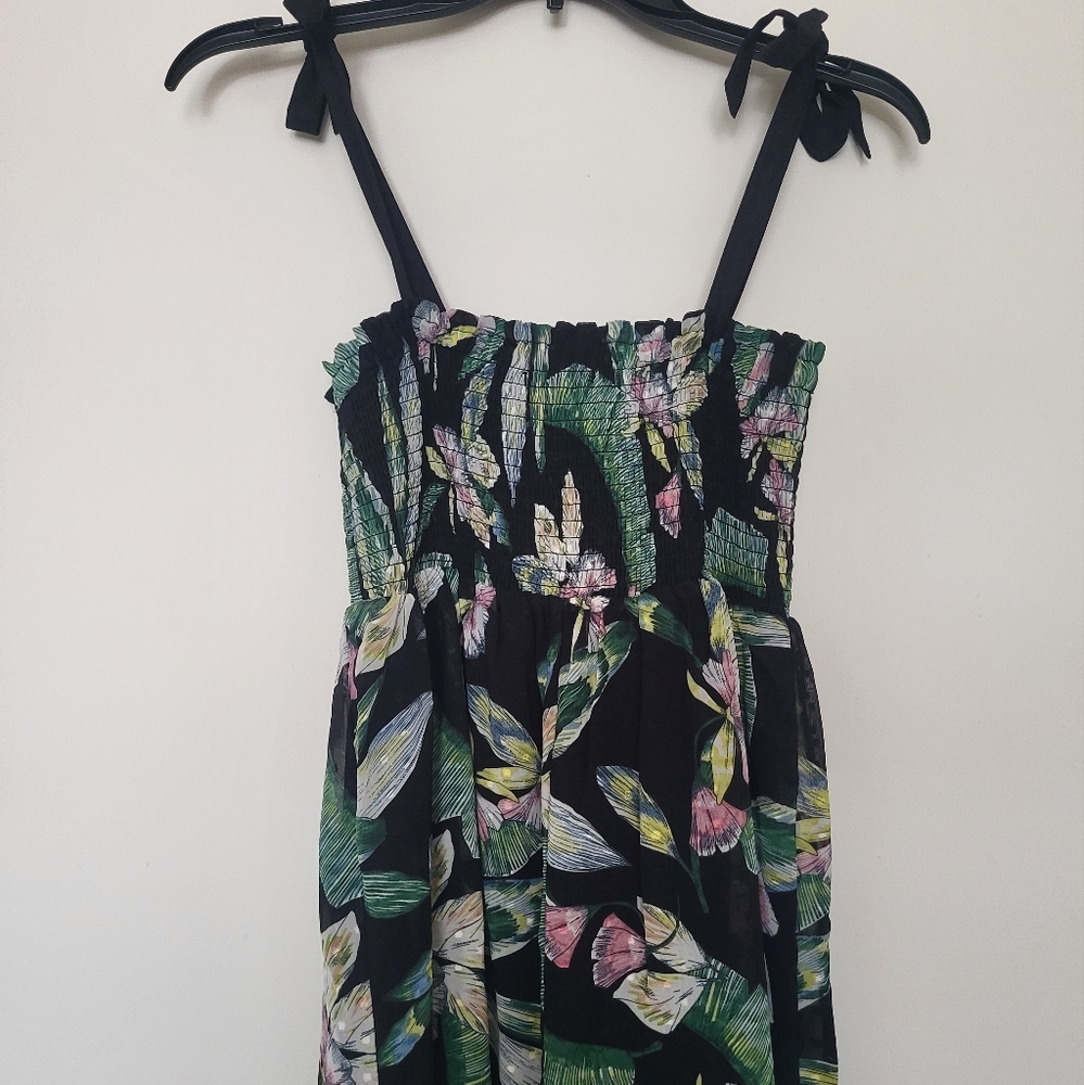 Stella & Dot Black and Green Floral Midi Dress